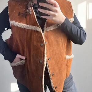 Vintage 70s Suede Shearling Vest Brown Sherpa Lined Western Boho Cowboy XL